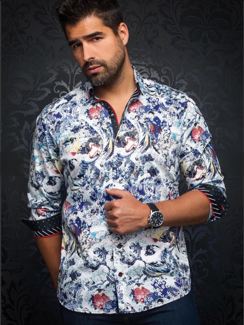 Au Noir Japanese Print Dress Shirt - Rare Hokusai Multi Style - Tailored Fit